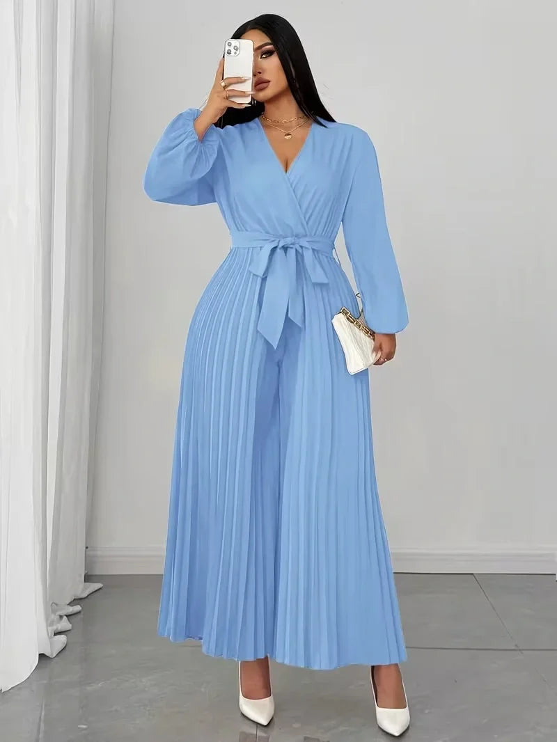 V Neck Belted Wide Leg Jumpsuit for Women — Plus Size Long Sleeve Pleated Palazzo Jumpsuit