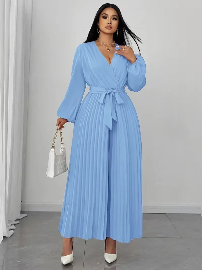 V Neck Belted Wide Leg Jumpsuit for Women — Plus Size Long Sleeve Pleated Palazzo Jumpsuit