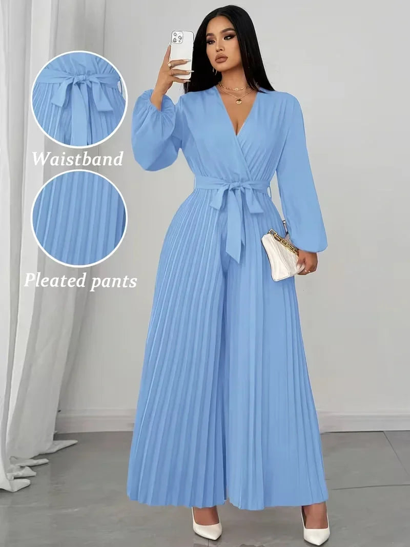V Neck Belted Wide Leg Jumpsuit for Women — Plus Size Long Sleeve Pleated Palazzo Jumpsuit