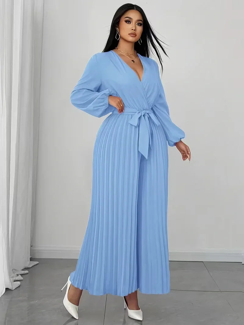 V Neck Belted Wide Leg Jumpsuit for Women — Plus Size Long Sleeve Pleated Palazzo Jumpsuit