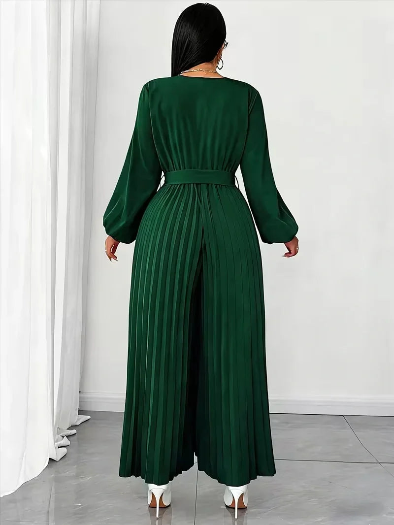 V Neck Belted Wide Leg Jumpsuit for Women — Plus Size Long Sleeve Pleated Palazzo Jumpsuit