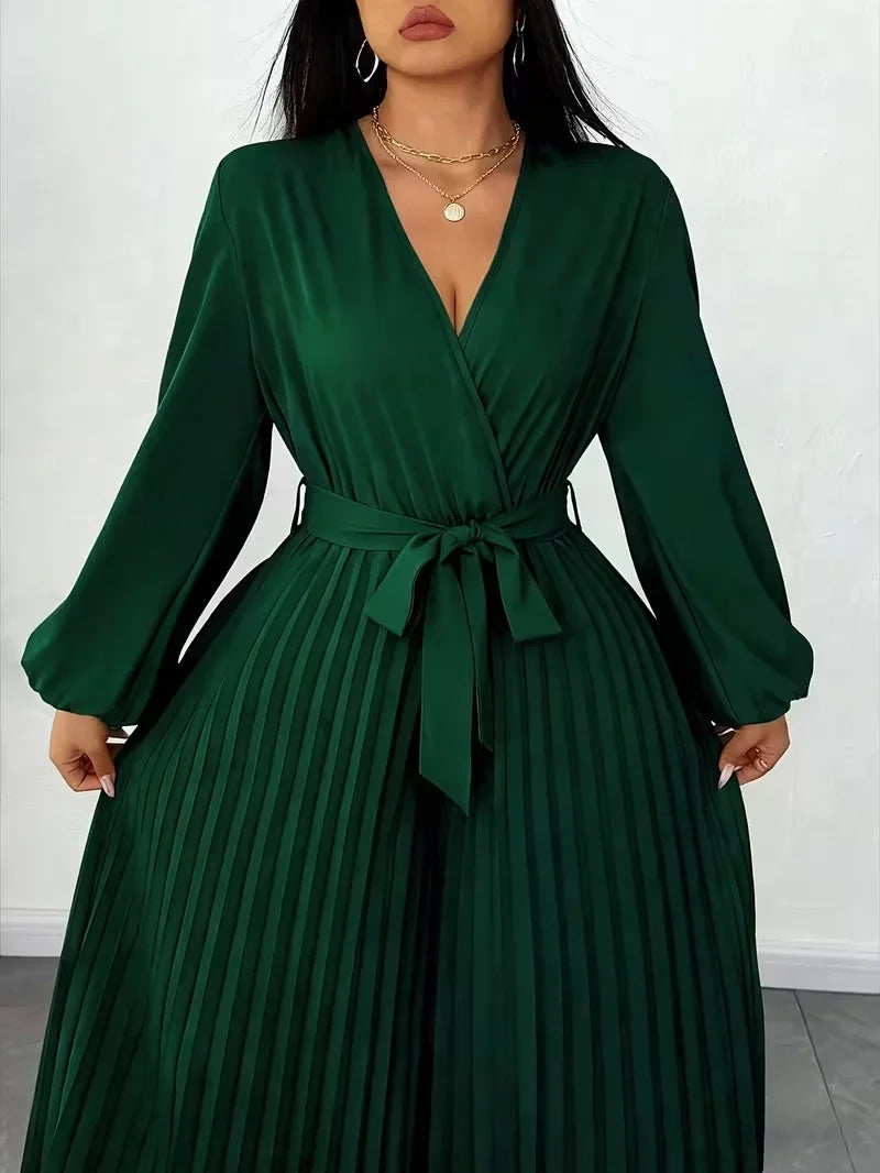 V Neck Belted Wide Leg Jumpsuit for Women — Plus Size Long Sleeve Pleated Palazzo Jumpsuit