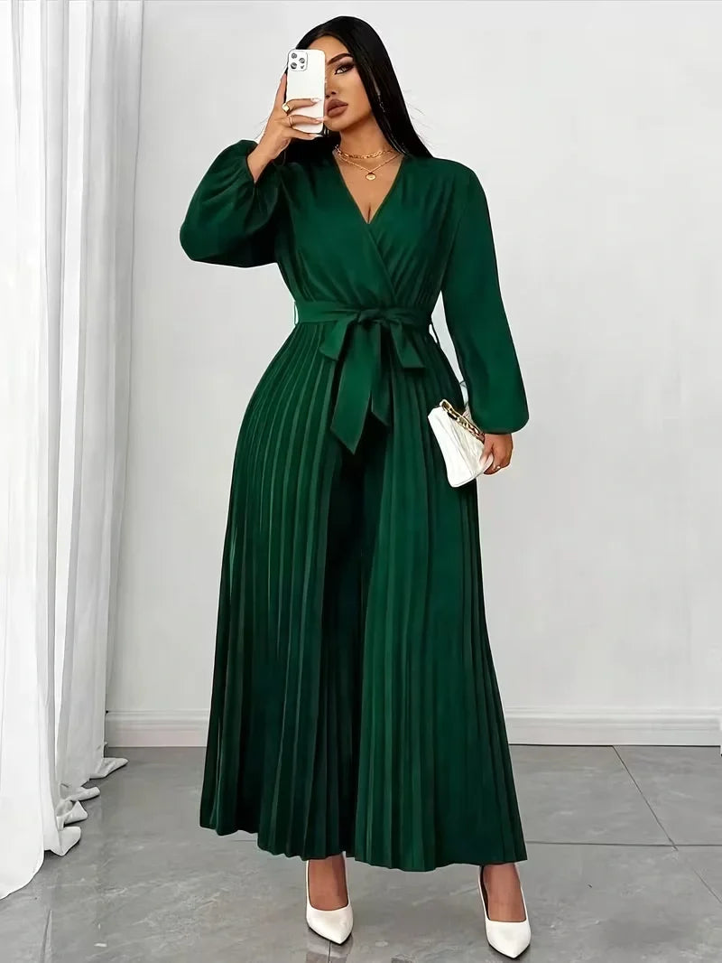 V Neck Belted Wide Leg Jumpsuit for Women — Plus Size Long Sleeve Pleated Palazzo Jumpsuit