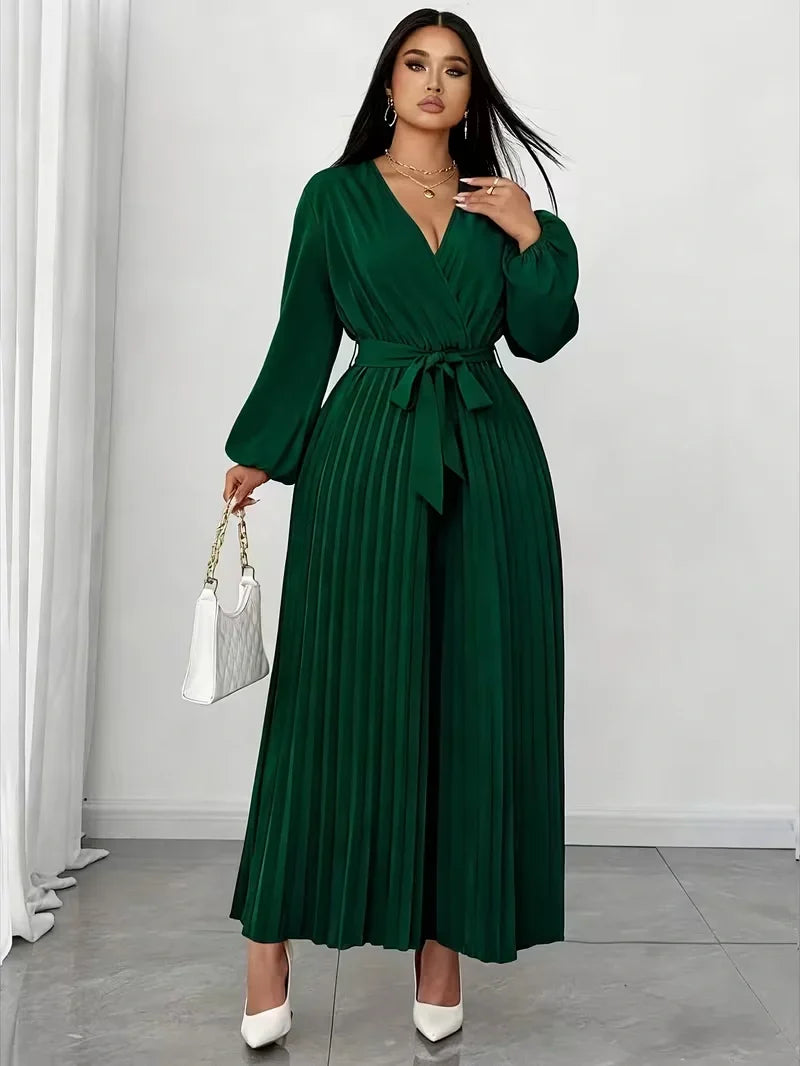 V Neck Belted Wide Leg Jumpsuit for Women — Plus Size Long Sleeve Pleated Palazzo Jumpsuit
