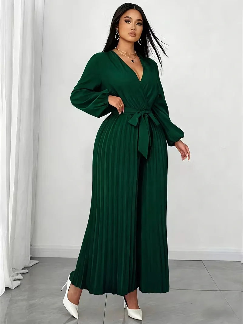 V Neck Belted Wide Leg Jumpsuit for Women — Plus Size Long Sleeve Pleated Palazzo Jumpsuit