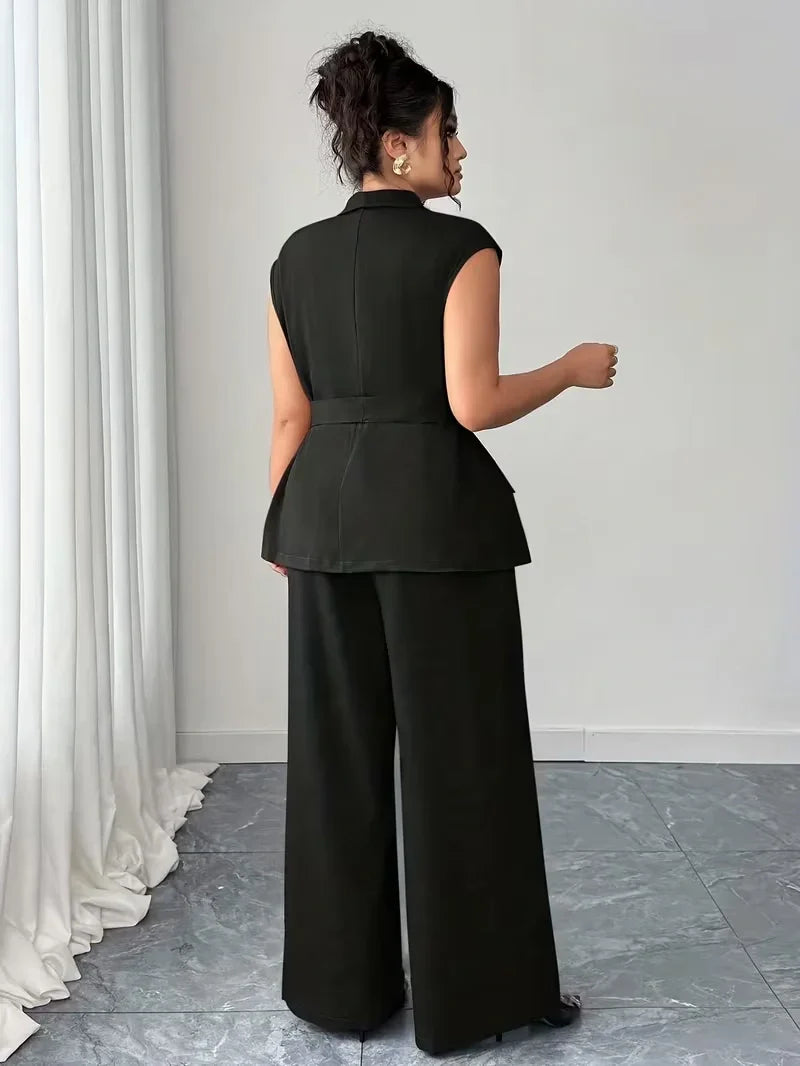 Belted Lapel Vest and Wide Leg Trouser Set for Women — Plus Size Power Co-ord