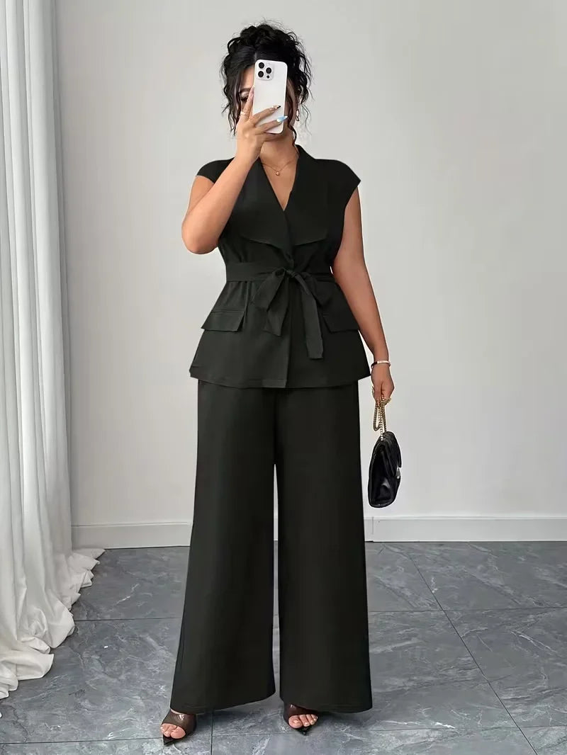 Belted Lapel Vest and Wide Leg Trouser Set for Women — Plus Size Power Co-ord