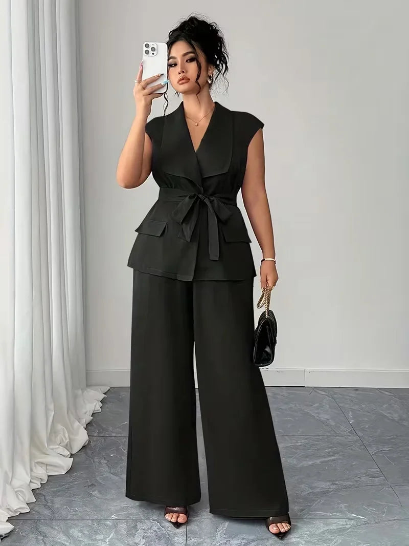Belted Lapel Vest and Wide Leg Trouser Set for Women — Plus Size Power Co-ord