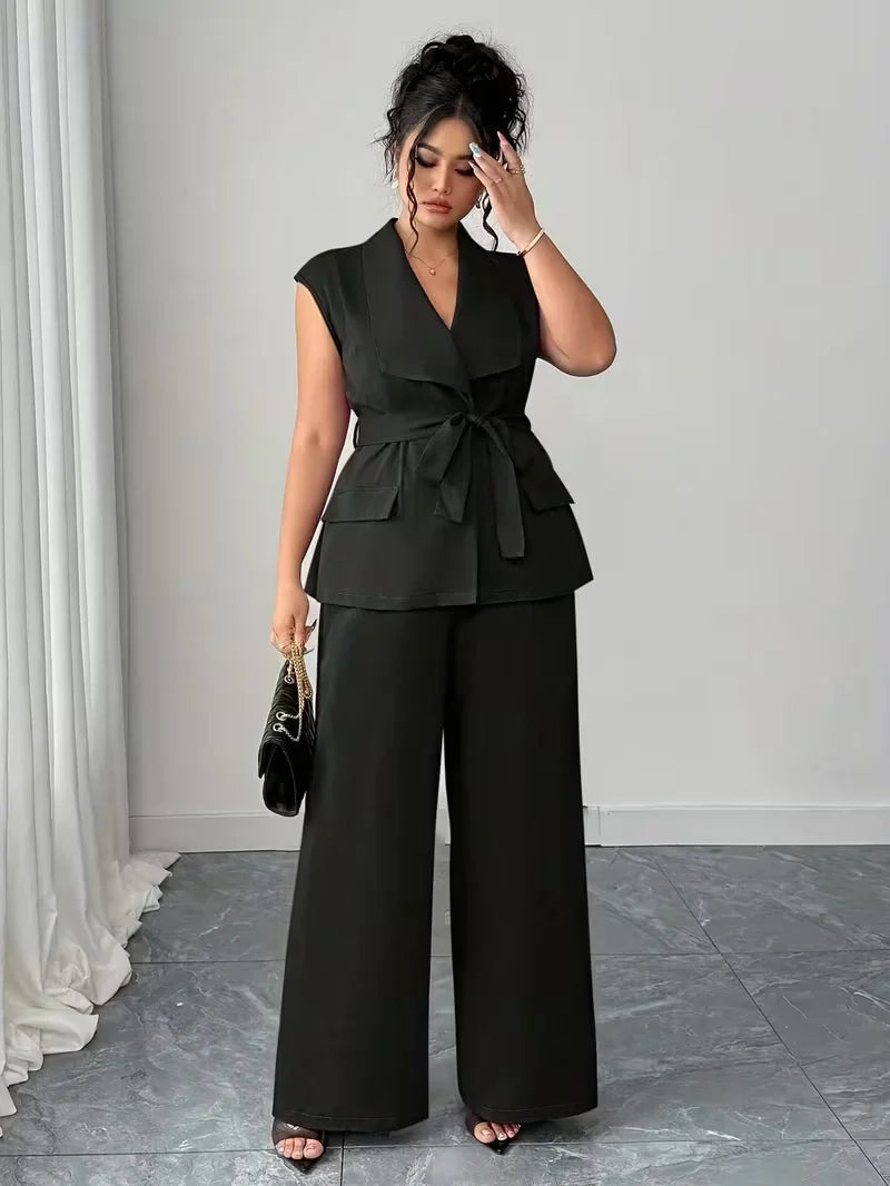 Belted Lapel Vest and Wide Leg Trouser Set for Women — Plus Size Power Co-ord