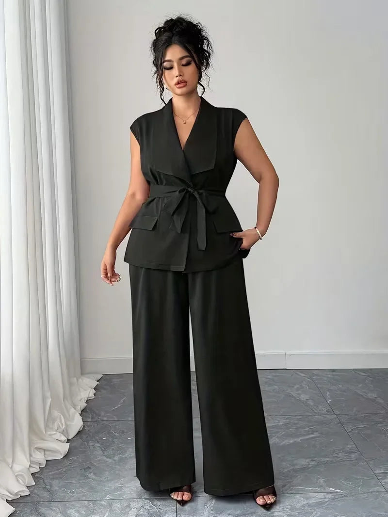 Belted Lapel Vest and Wide Leg Trouser Set for Women — Plus Size Power Co-ord