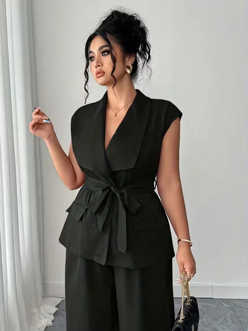 Belted Lapel Vest and Wide Leg Trouser Set for Women — Plus Size Power Co-ord