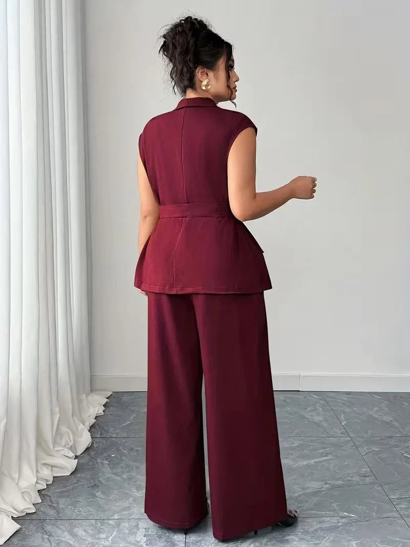 Belted Lapel Vest and Wide Leg Trouser Set for Women — Plus Size Power Co-ord