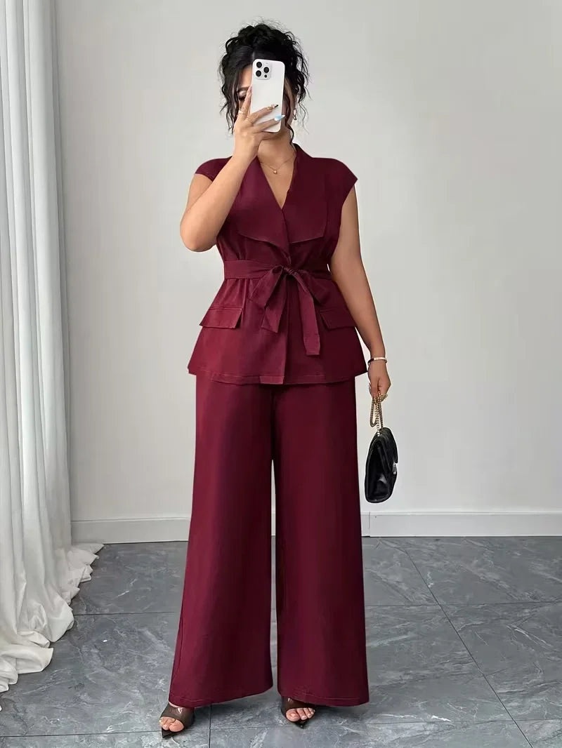Belted Lapel Vest and Wide Leg Trouser Set for Women — Plus Size Power Co-ord