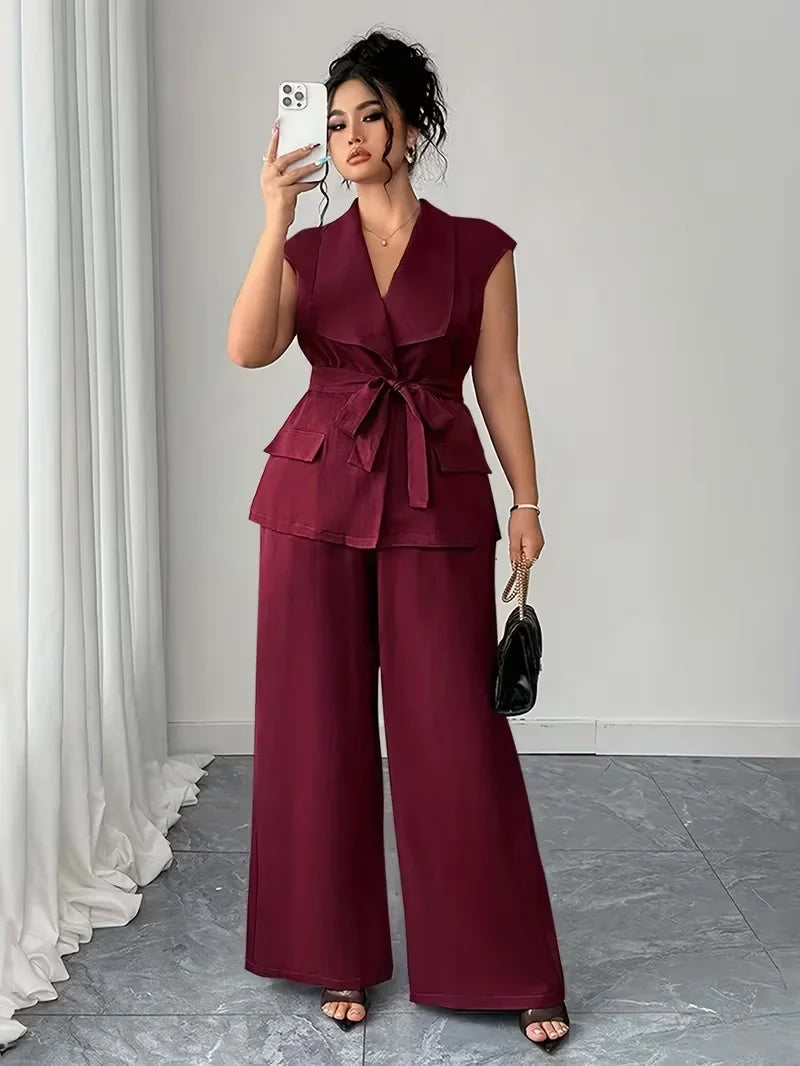 Belted Lapel Vest and Wide Leg Trouser Set for Women — Plus Size Power Co-ord