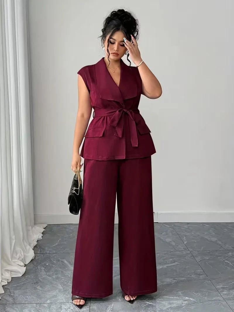 Belted Lapel Vest and Wide Leg Trouser Set for Women — Plus Size Power Co-ord