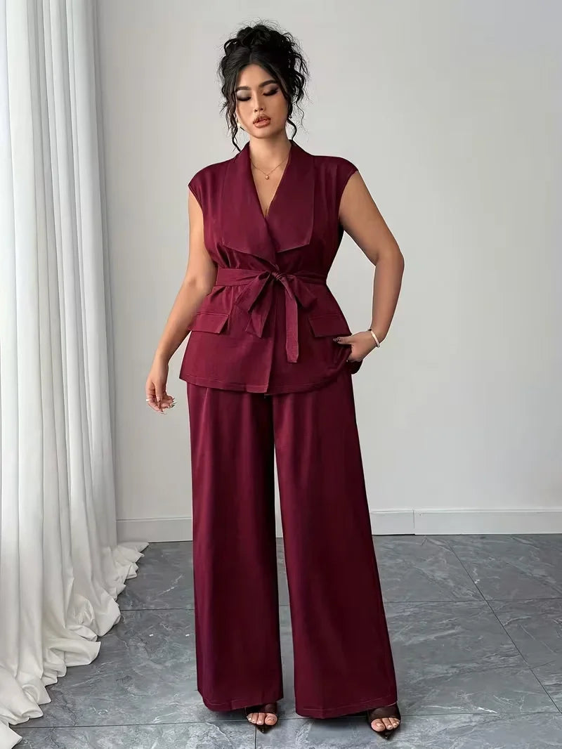 Belted Lapel Vest and Wide Leg Trouser Set for Women — Plus Size Power Co-ord