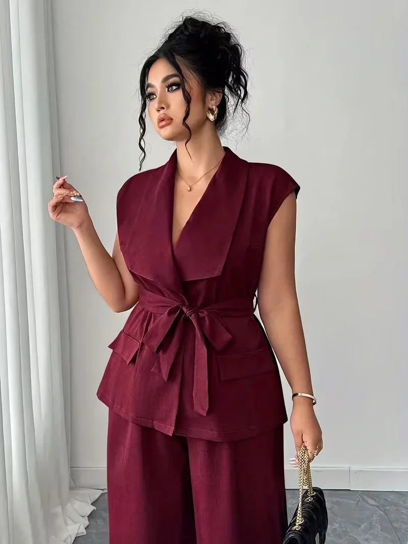 Belted Lapel Vest and Wide Leg Trouser Set for Women — Plus Size Power Co-ord