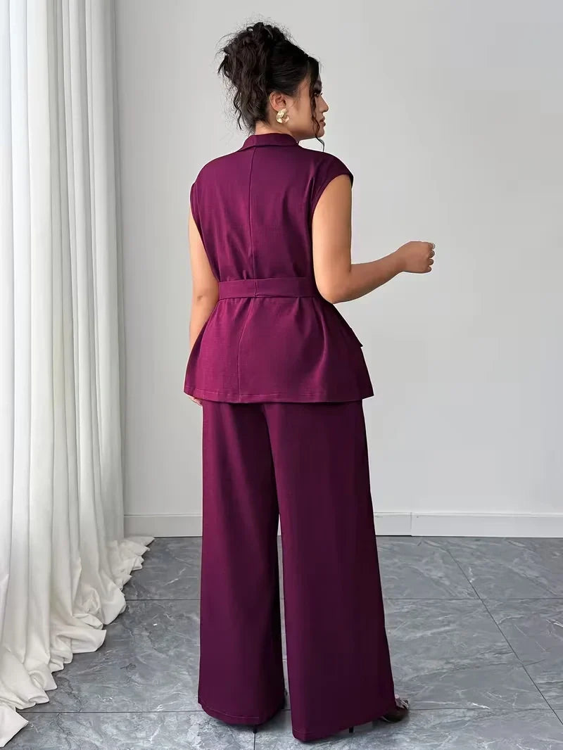 Belted Lapel Vest and Wide Leg Trouser Set for Women — Plus Size Power Co-ord