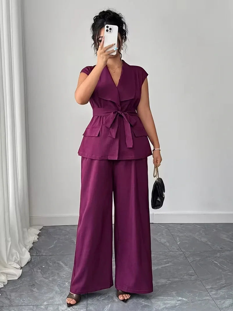 Belted Lapel Vest and Wide Leg Trouser Set for Women — Plus Size Power Co-ord