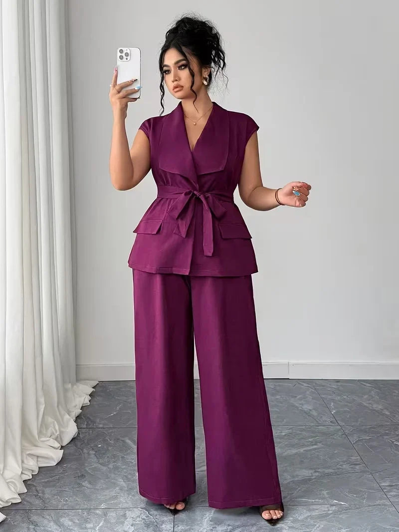 Belted Lapel Vest and Wide Leg Trouser Set for Women — Plus Size Power Co-ord