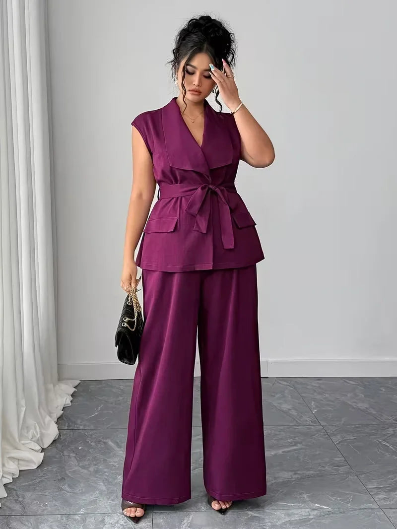 Belted Lapel Vest and Wide Leg Trouser Set for Women — Plus Size Power Co-ord