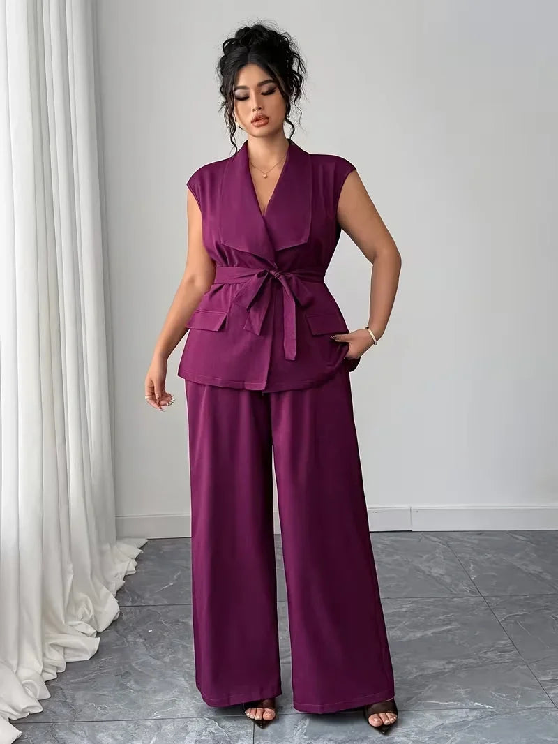 Belted Lapel Vest and Wide Leg Trouser Set for Women — Plus Size Power Co-ord