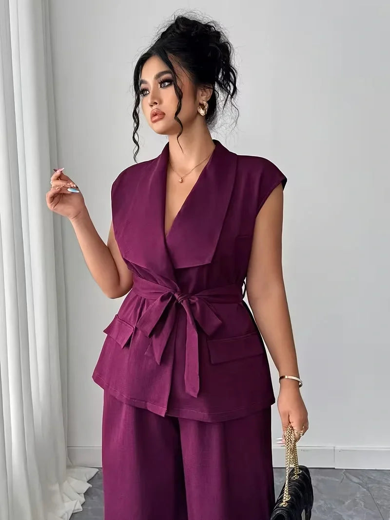 Belted Lapel Vest and Wide Leg Trouser Set for Women — Plus Size Power Co-ord