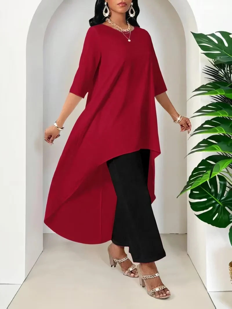 Irregular Hem Longline Top and Wide Leg Pants Set for Women — Plus Size Two Tone Co-ord