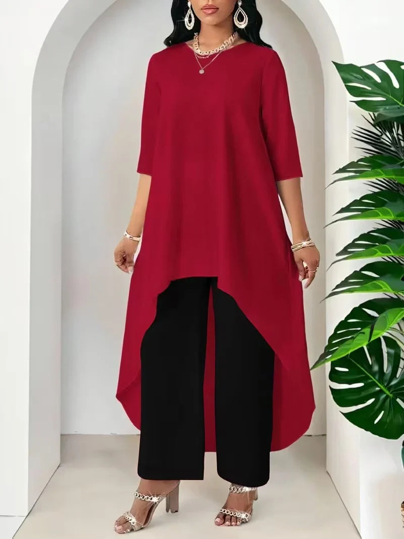 Irregular Hem Longline Top and Wide Leg Pants Set for Women — Plus Size Two Tone Co-ord