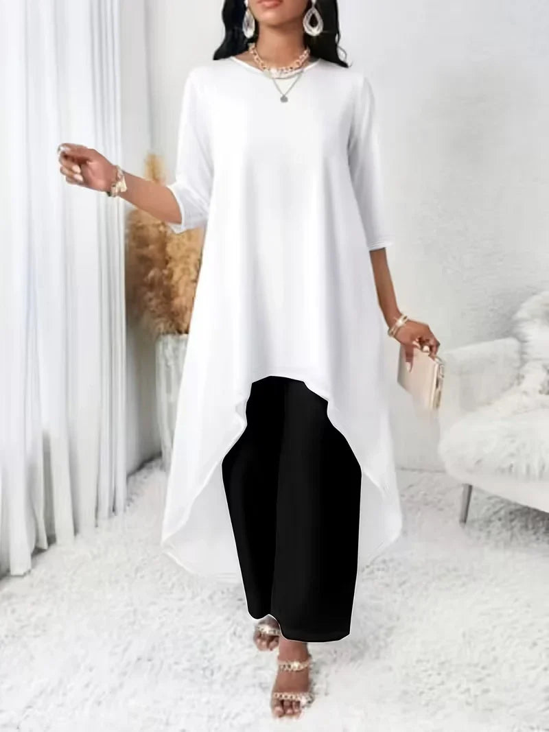 Irregular Hem Longline Top and Wide Leg Pants Set for Women — Plus Size Two Tone Co-ord