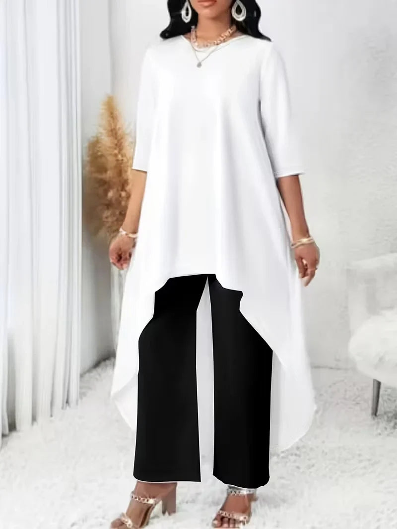 Irregular Hem Longline Top and Wide Leg Pants Set for Women — Plus Size Two Tone Co-ord