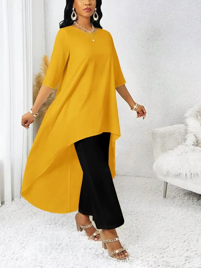 Irregular Hem Longline Top and Wide Leg Pants Set for Women — Plus Size Two Tone Co-ord