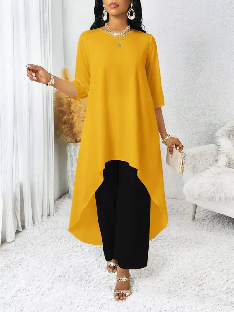 Irregular Hem Longline Top and Wide Leg Pants Set for Women — Plus Size Two Tone Co-ord