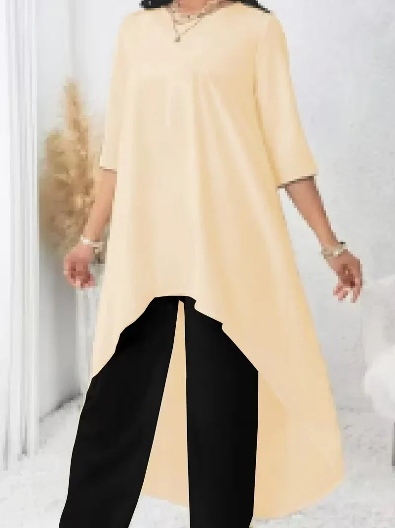 Irregular Hem Longline Top and Wide Leg Pants Set for Women — Plus Size Two Tone Co-ord