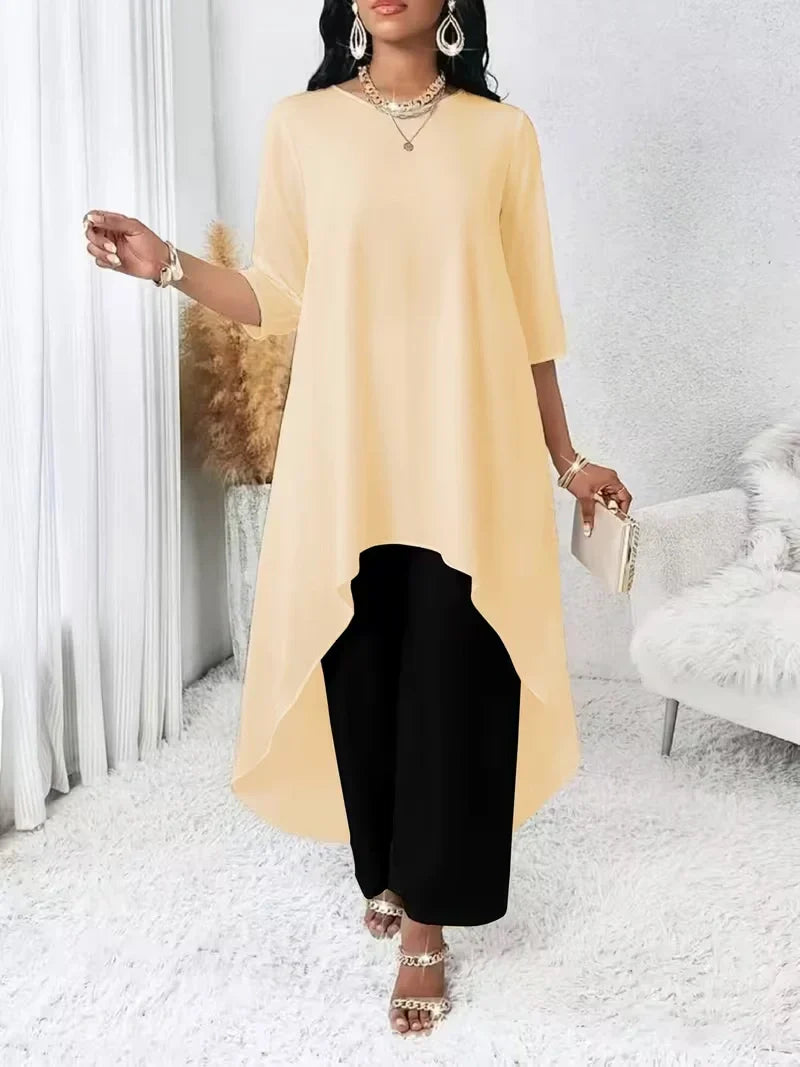 Irregular Hem Longline Top and Wide Leg Pants Set for Women — Plus Size Two Tone Co-ord