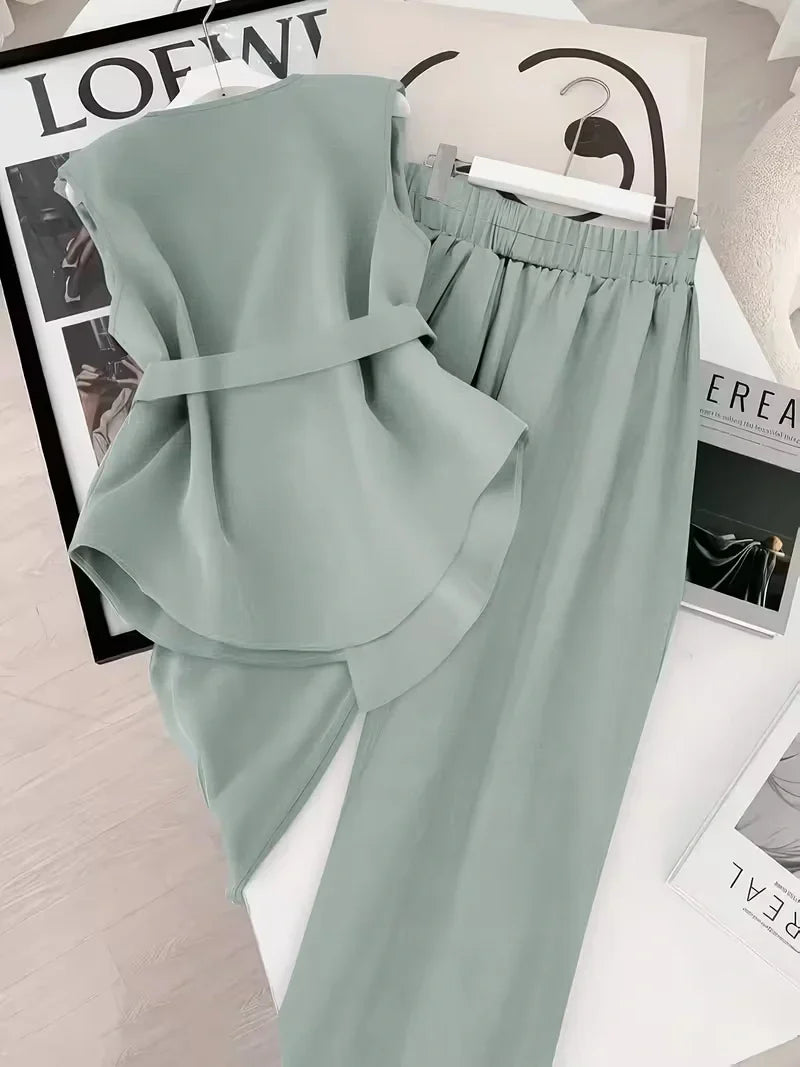Belted Sleeveless Top and Straight Leg Pants Co-ord Set for Women
