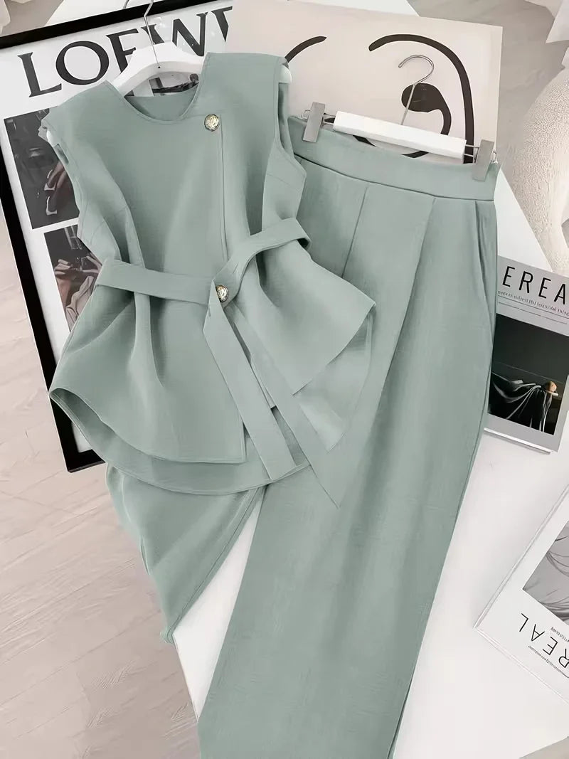 Belted Sleeveless Top and Straight Leg Pants Co-ord Set for Women