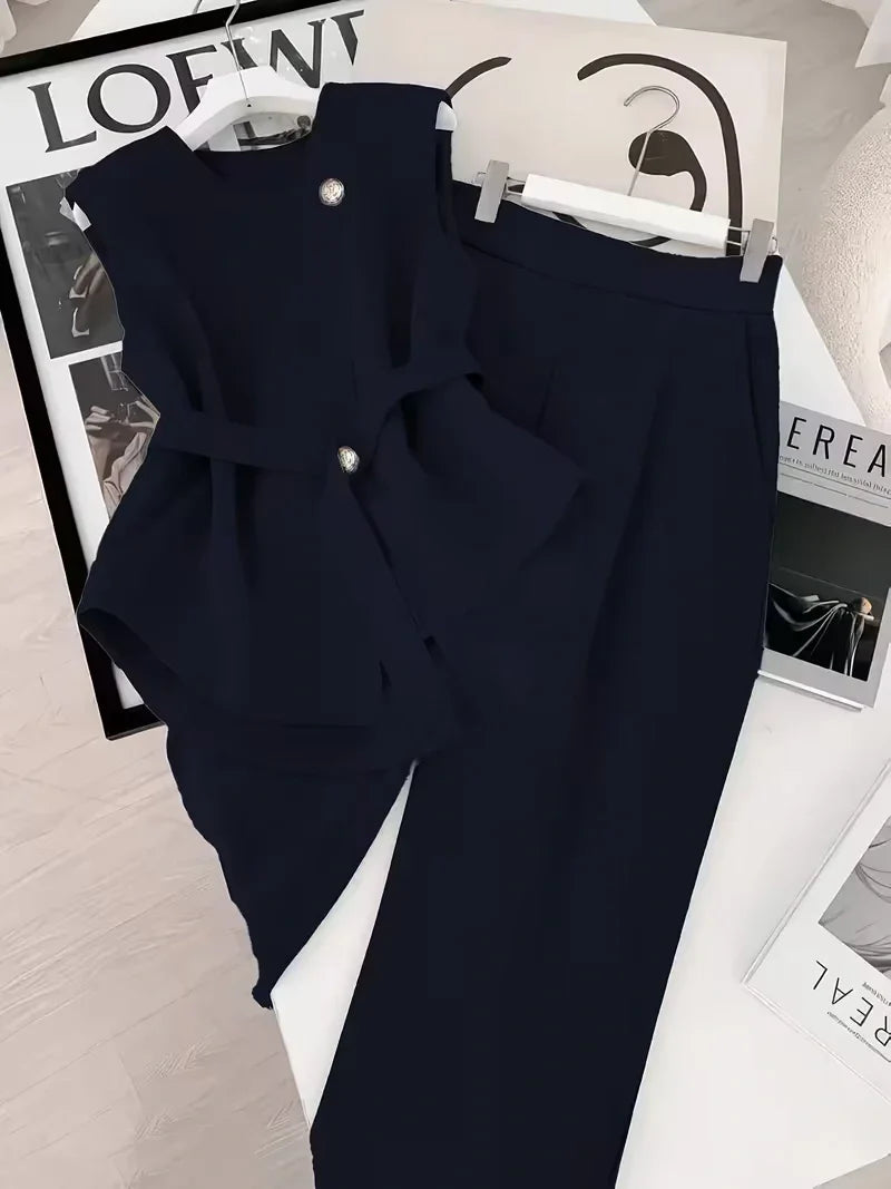 Belted Sleeveless Top and Straight Leg Pants Co-ord Set for Women