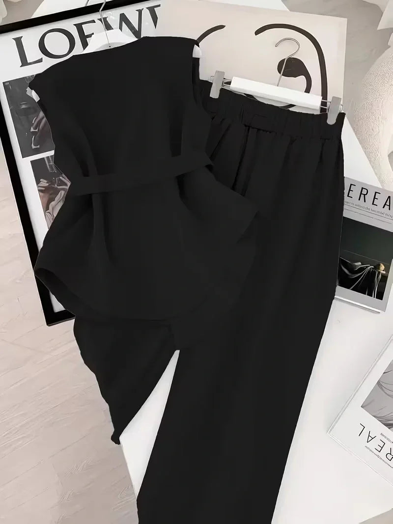Belted Sleeveless Top and Straight Leg Pants Co-ord Set for Women