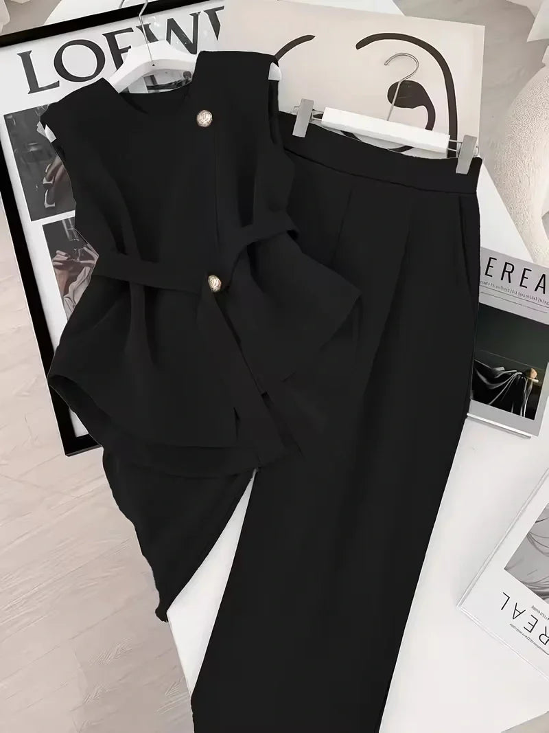 Belted Sleeveless Top and Straight Leg Pants Co-ord Set for Women