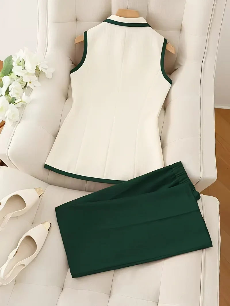 2-Piece Contrast Collar Blazer and Pencil Skirt Set Boosts Workplace Confidence