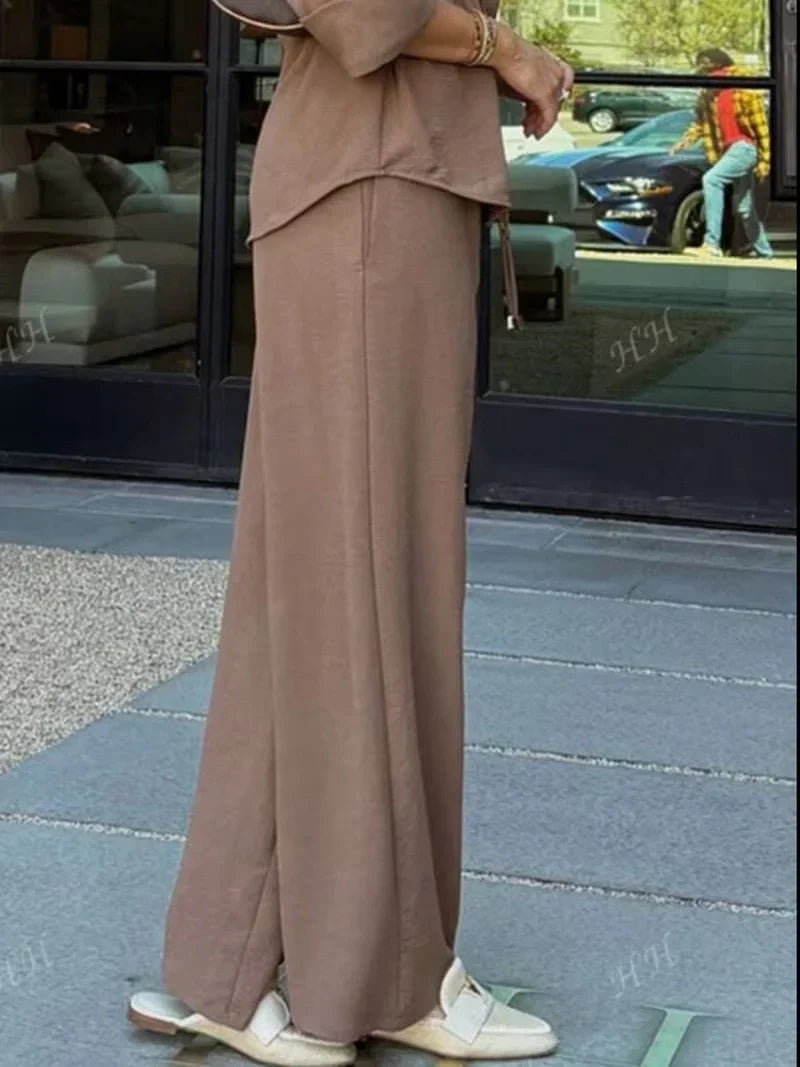Drawstring Shirt Top and Wide Leg Pants Co-ord Set for Women — 2 Piece Casual Daily Wear