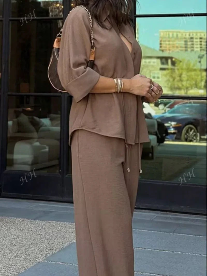 Drawstring Shirt Top and Wide Leg Pants Co-ord Set for Women — 2 Piece Casual Daily Wear