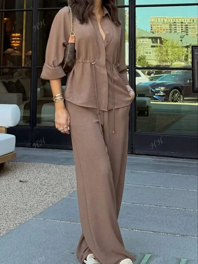 Drawstring Shirt Top and Wide Leg Pants Co-ord Set for Women — 2 Piece Casual Daily Wear