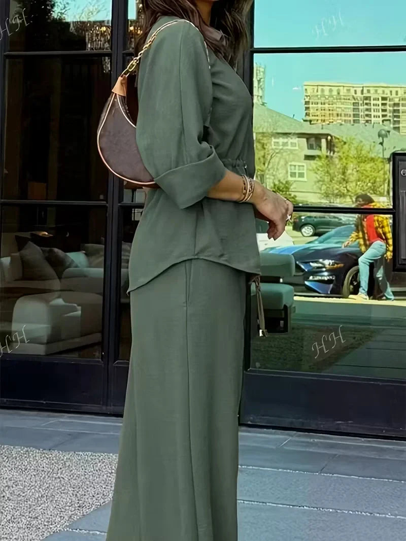 Drawstring Shirt Top and Wide Leg Pants Co-ord Set for Women — 2 Piece Casual Daily Wear
