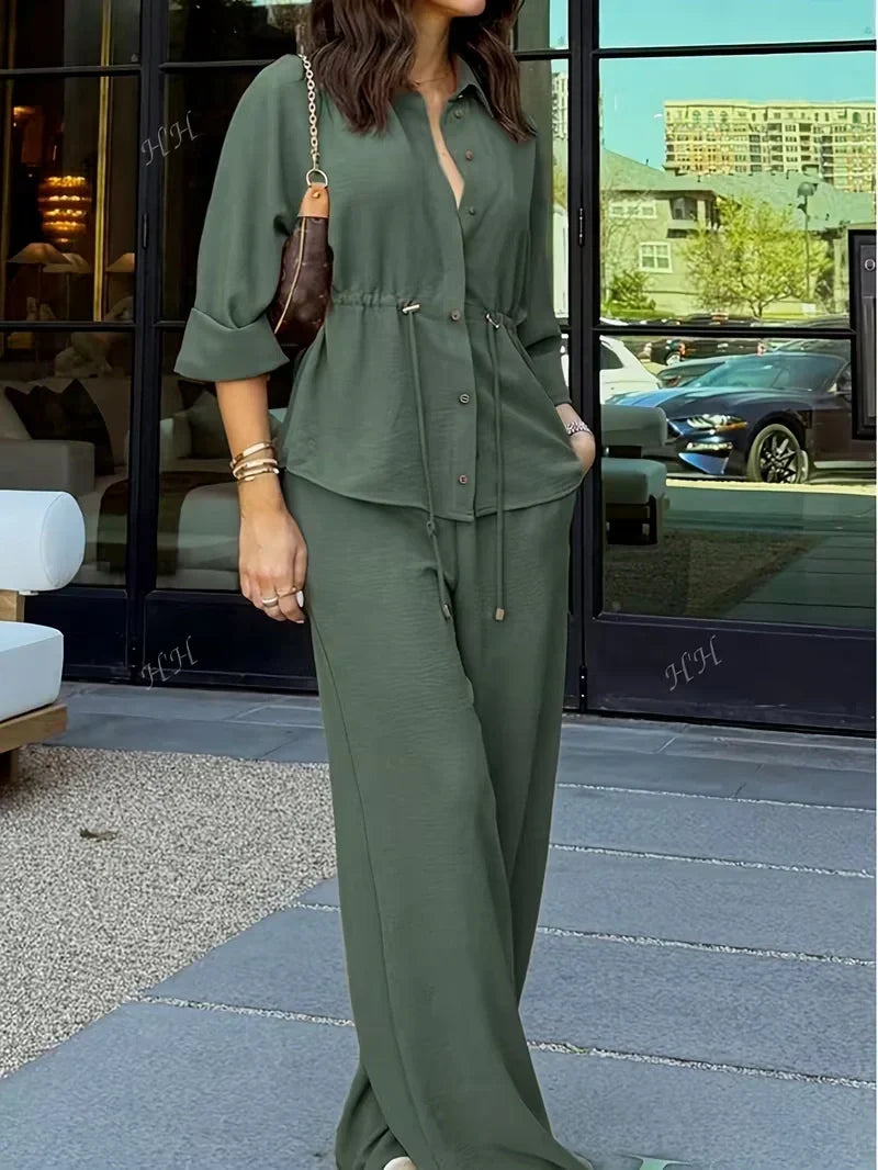 Drawstring Shirt Top and Wide Leg Pants Co-ord Set for Women — 2 Piece Casual Daily Wear