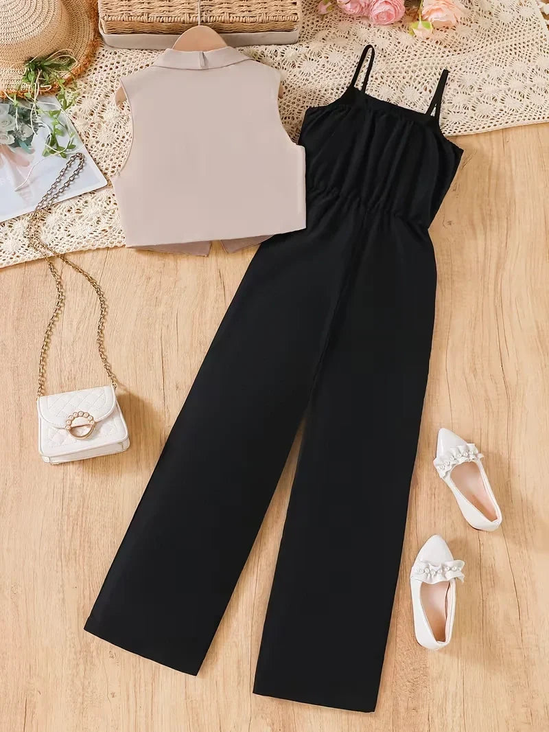 Girls Sleeveless Jumpsuit Set with Cropped Vest for Easy Layered Styling