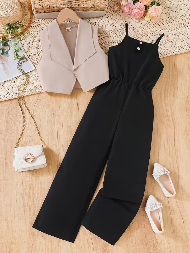 Girls Sleeveless Jumpsuit Set with Cropped Vest for Easy Layered Styling