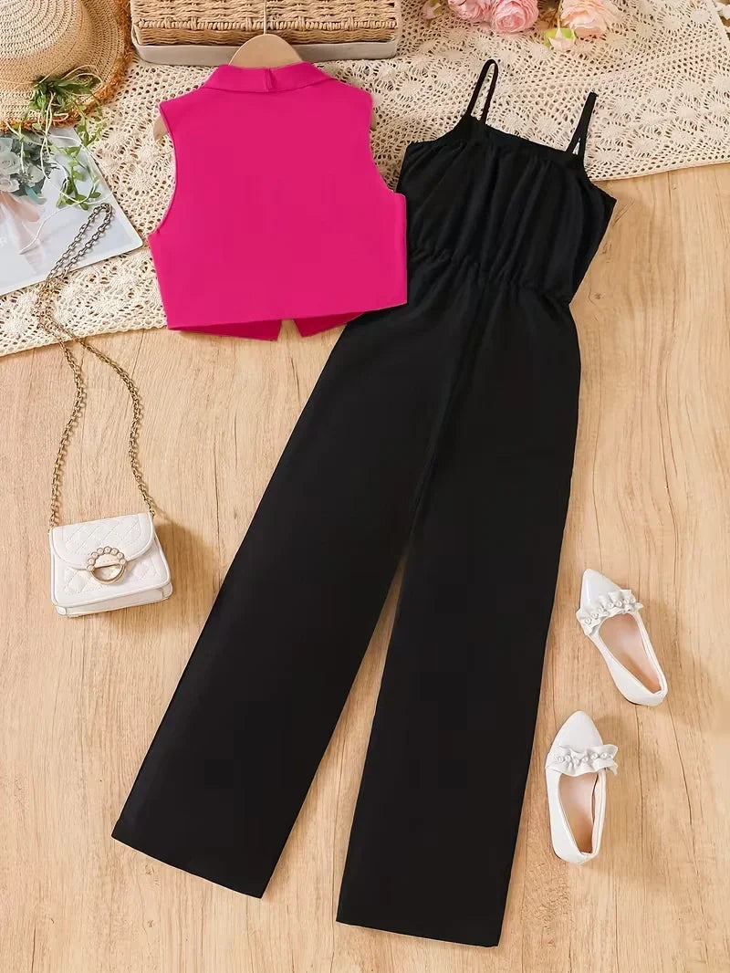 Girls Sleeveless Jumpsuit Set with Cropped Vest for Easy Layered Styling
