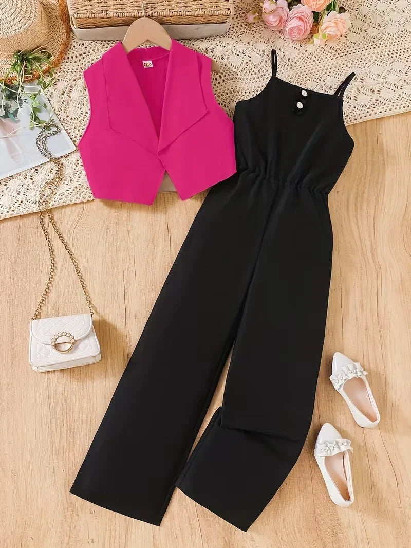 Girls Sleeveless Jumpsuit Set with Cropped Vest for Easy Layered Styling